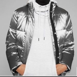 Athleta Silver Metallic Goose Down Puffer Coat